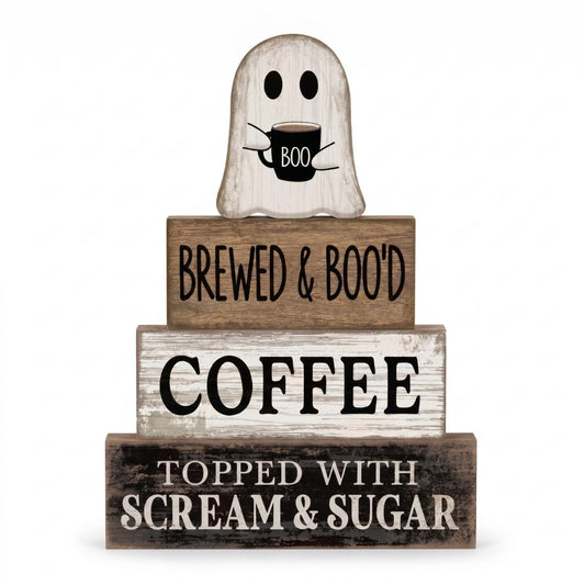 Lineshading 4 Pcs Halloween Coffee Table Decorations Cute Ghost Stacked Wooden Decor - Brewed & Boo'd Coffee Neutral Halloween Tiered Tray Decor Rustic Ghost Table Centerpiece for Home Kitchen Bar