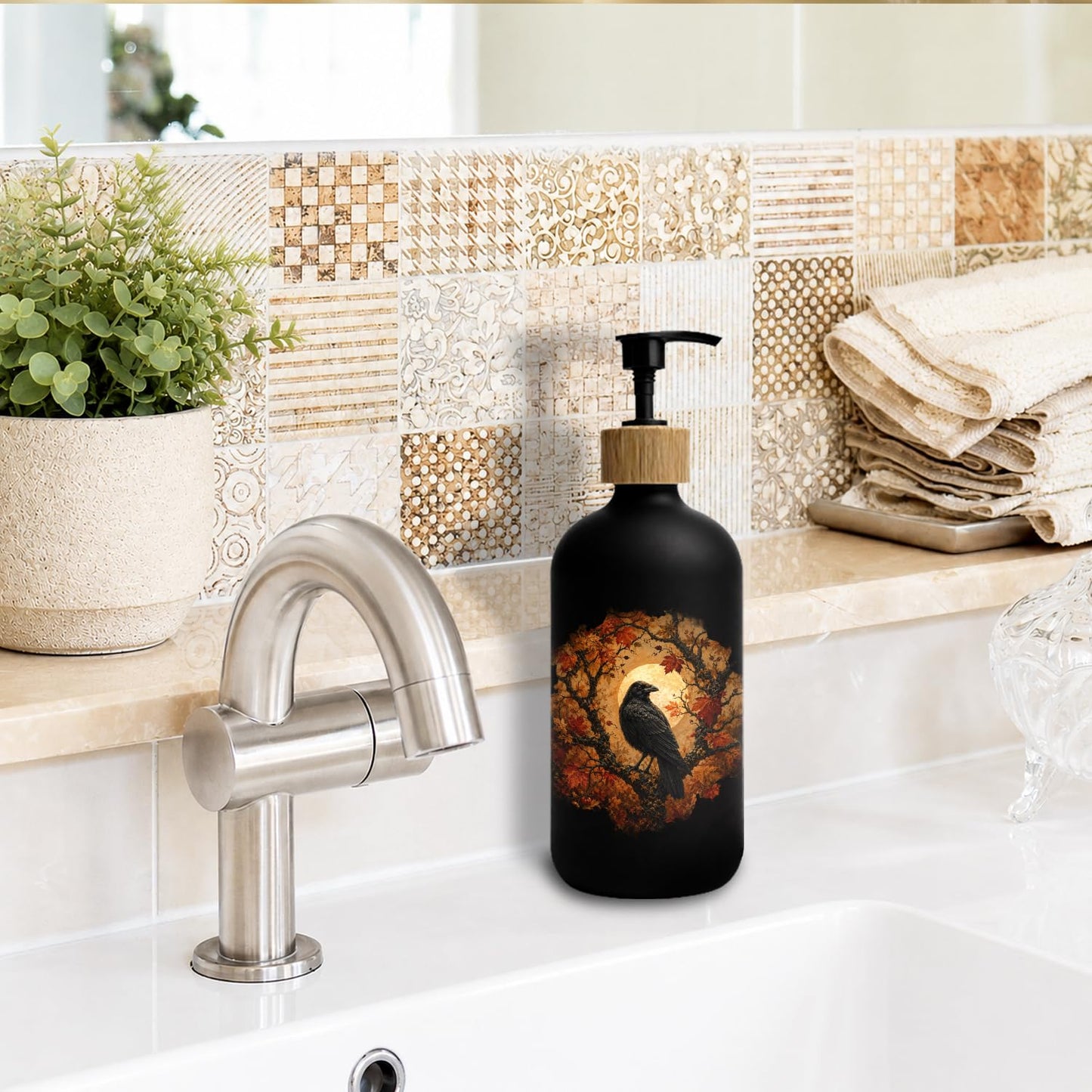 Stelloriellea Fall Halloween Raven Glass Soap Dispenser with Pump