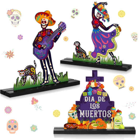 Yerliker 3 Pcs Day of the Dead Table Decorations Mexican Dia De Los Muertos Altar Centerpiece Halloween Sugar Skull Table Topper Wooden Day of the Dead Centerpiece for Halloween Mexican Party Decor