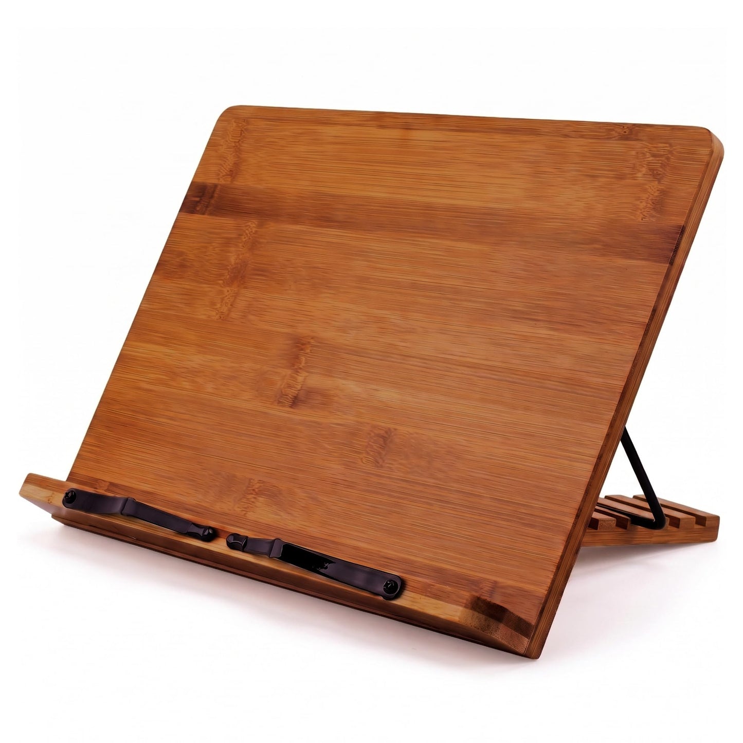 Bamboo Cookbook Stand Large, Adjustable Book Holder Tray and Page Paper Clips - Walnut Color Large - 4-Position Recipe Book Stand Holds Thick Books for Kitchen Counter, Reading, Studying - Foldable