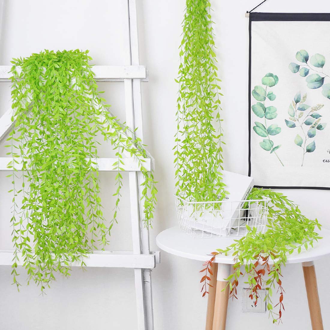 Artificial Vines, 10 Pack Hanging Ivy Fake Weeping Willow Greenery Leaves Plastic Plants Faux Garland Vine UV Resistant for Indoor Outdoor Garden Door Wall Baskets Wedding Party Decoration - Green
