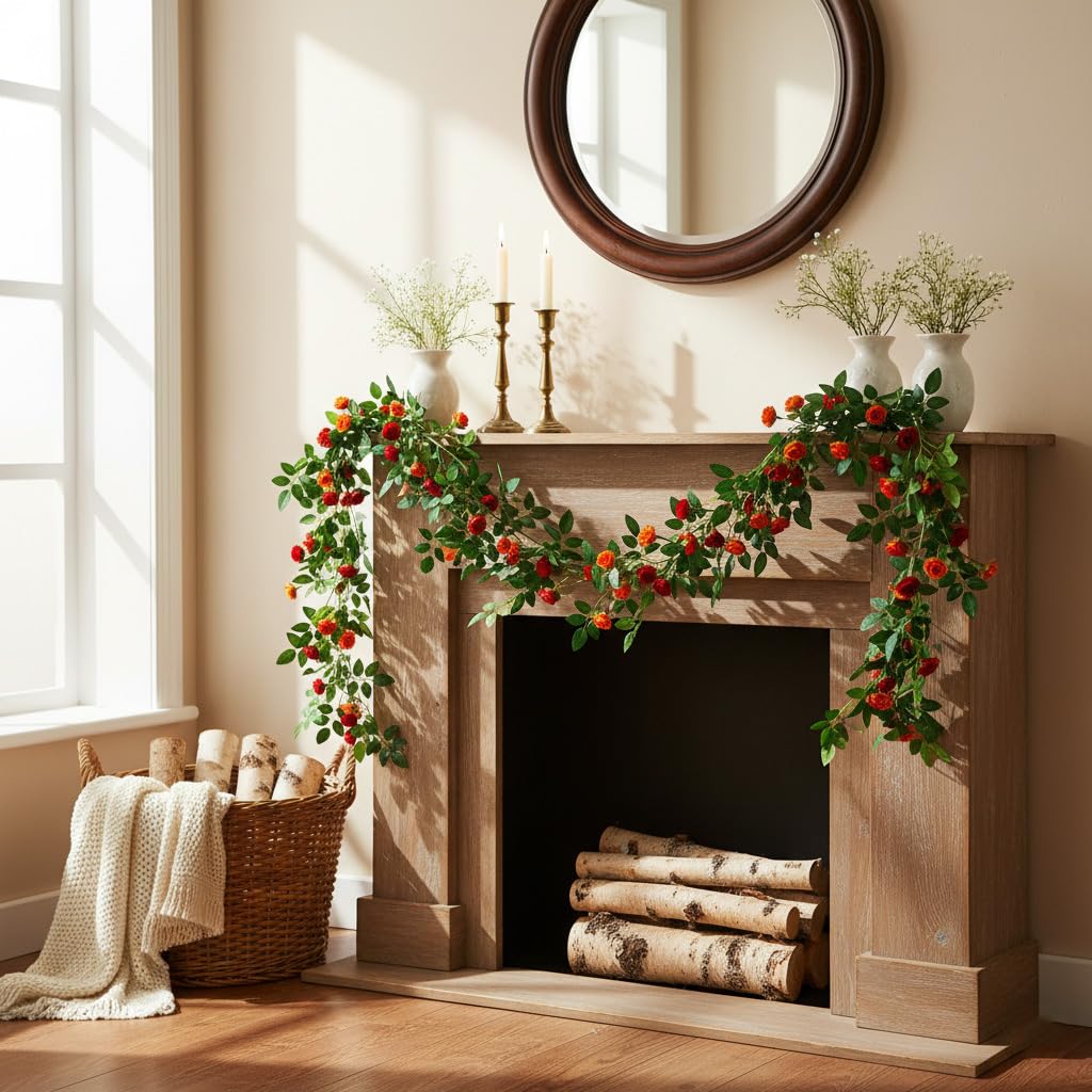 2PCS x 6FT Bendable Rose Vine Hanging Flower Garland Wildflower Floral Garland for Wall Decor Trellis Fence Home Room Decoration (Orange, 2pcs)