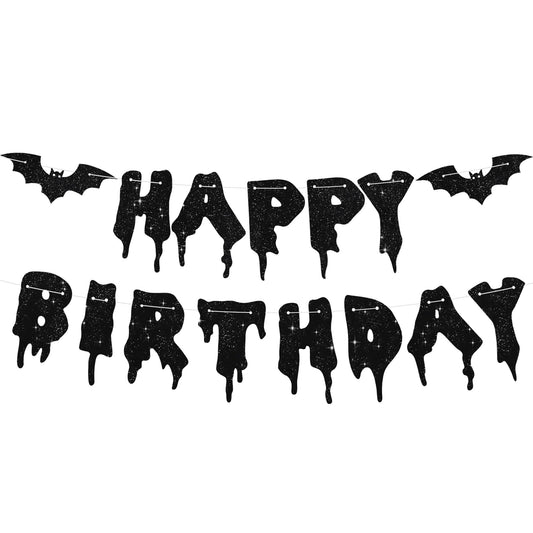 RICHHHA Glitter Black Glitter Happy Birthday Halloween Banner- NO DIY - Halloween Hanging Paper Garland Bunting Banner Decorations, Party Supplies for Kids Boy Girl Birthday