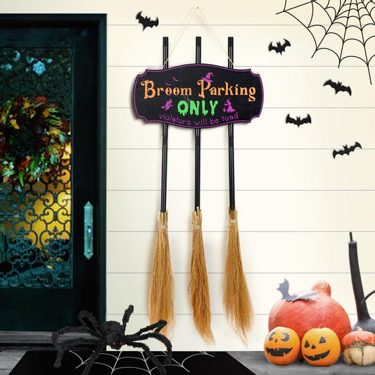 Bnesi Halloween Creative Wall Decorations, Broom Parking Sign with 3 Removable and Placeable Witches Brooms, Outdoor Front Porch or Indoor Living Room Wall Halloween Decoration (Halloween)