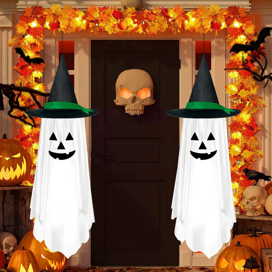 2 Pack Halloween Hanging Decorations Outdoor - Halloween Hanging Pumpkin Decorations Decor Pumpkin Ghost White Cute Pumpkin Decorations Decor for Kids Outdoor Outside Garden.(White)