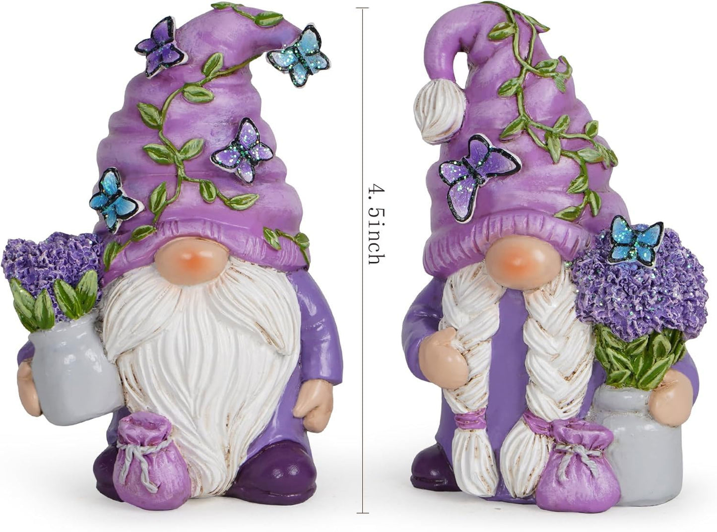 Hodao 2Pcs Purple Lavender Butterfly Gnome Figurine Set for Yard, Lawn, Patio, Porch - Weatherproof Resin Garden Decoration - Outdoor Decor & Unique Gnome Gift for Women