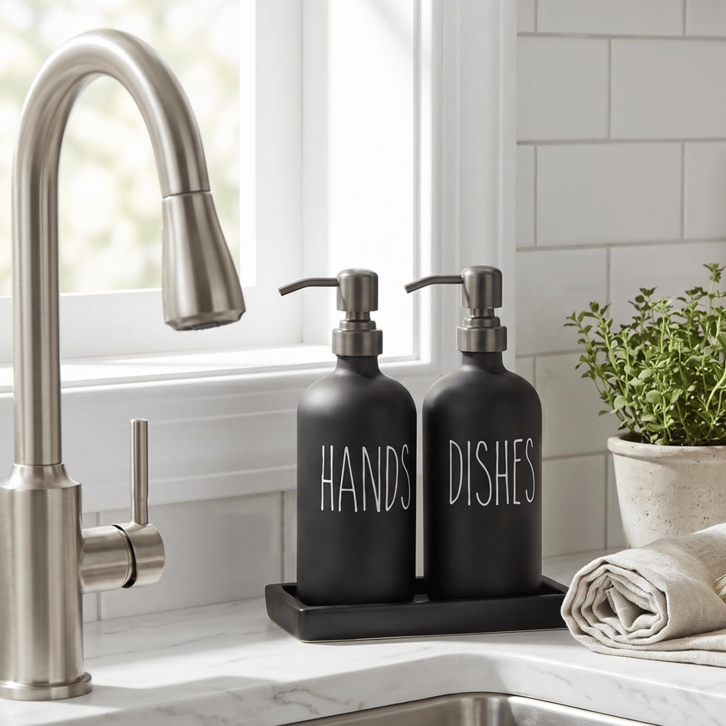 MOMEEMO Matte Black Soap Dispenser Set, Contains Dish Soap Dispenser for Kitchen and Hand Soap Dispenser with Ceramic Tray, Suitable for Black Kitchen Decor. (Black)