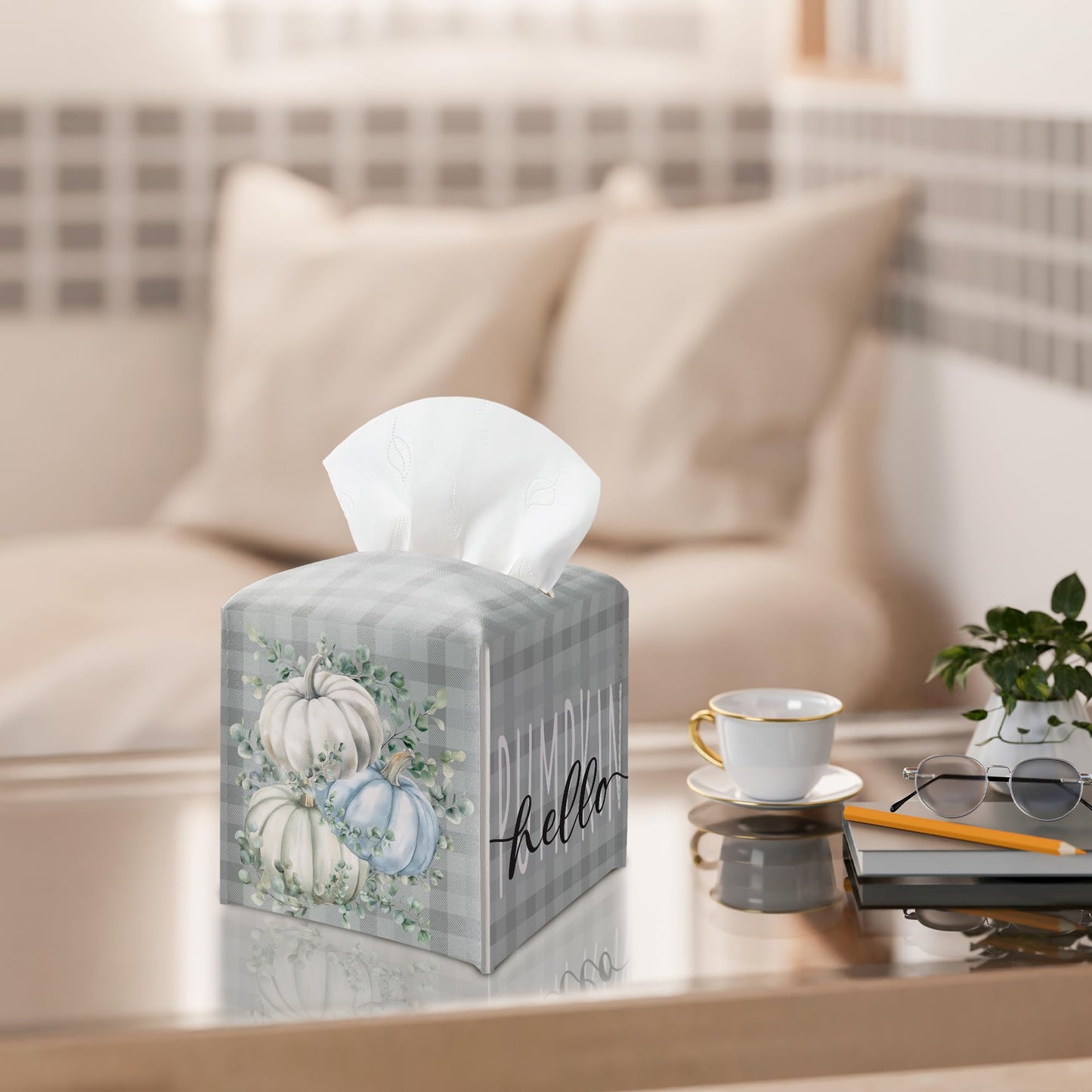 Pumpkin Tissue Box Holder, Eucalyptus Pumpkin Plaid Leather Tissue Box Cover Square, Harvest Facial Paper Organizer Dispenser Toilet Paper Holder for Bathroom Kitchen Office Home Decor-A28