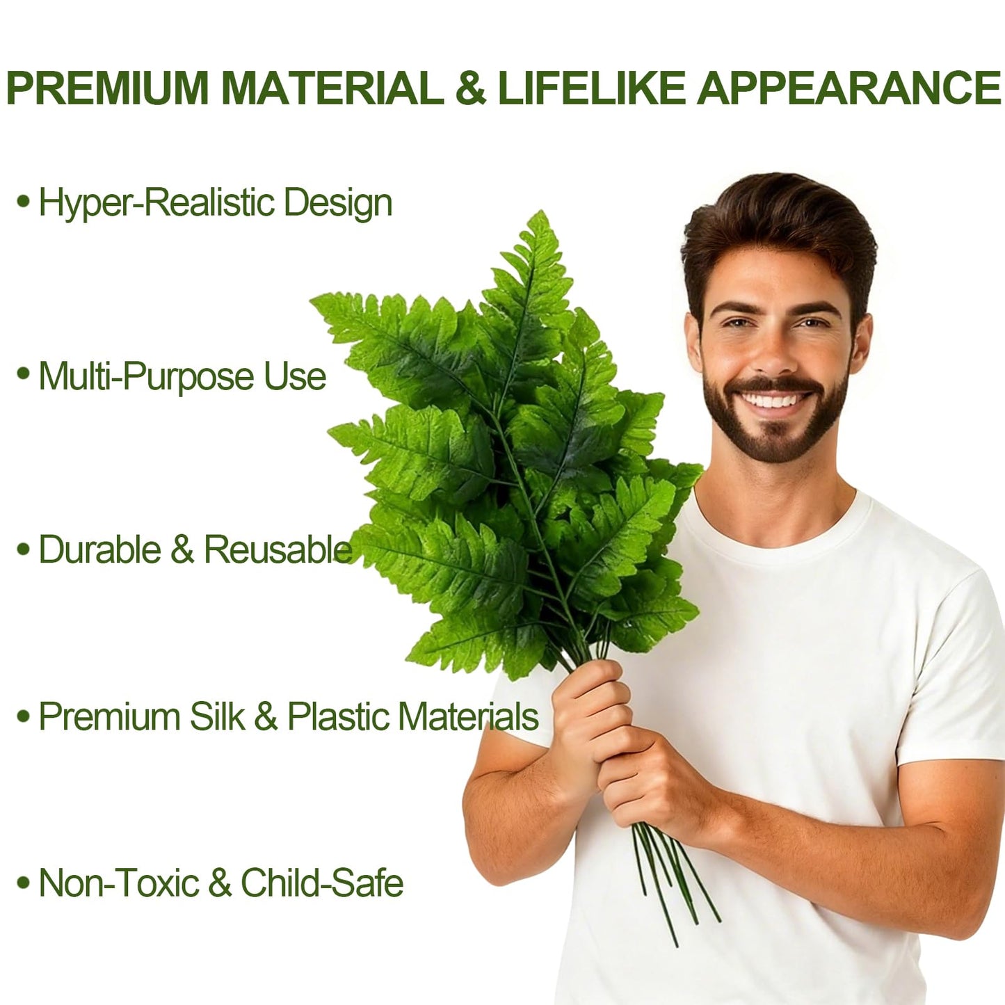 hhdatc 24PCS Artificial Silk Fern Leaves (16-Inch) Realistic Leather Leaf Fronds for Wedding Bouquets & Home Floral Décor