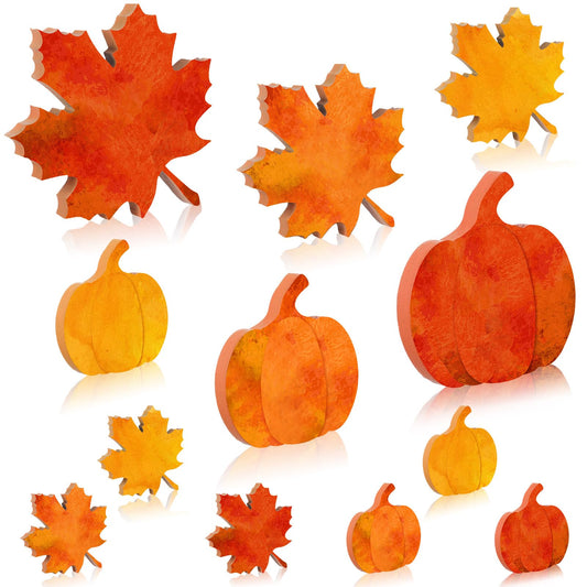 Bencailor 12 Pcs Fall Tiered Tray Decor Wooden Pumpkins Maple Leaf Decor Fall Table Decoration Thanksgiving Centerpiece for Home Desk Office Party Decoration