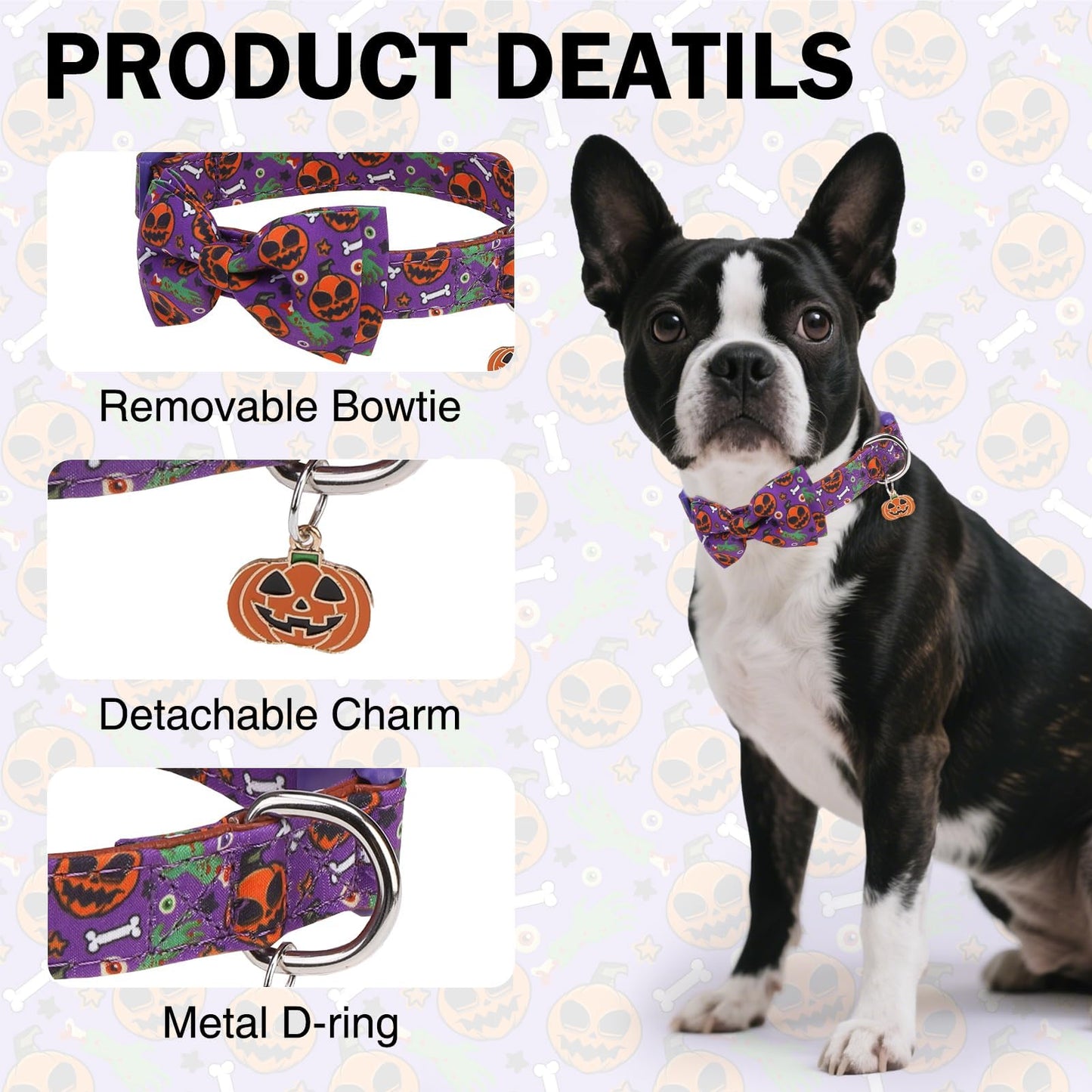 DILLYBUD Small Dog Collar with Bow Tie – Dog Collars for Small Dogs Halloween Ghost Pumpkin Design, Adjustable Detachable Holiday Bowtie Collar with Safety Buckle for Puppy Boy Girl, Neck 10"-15" S