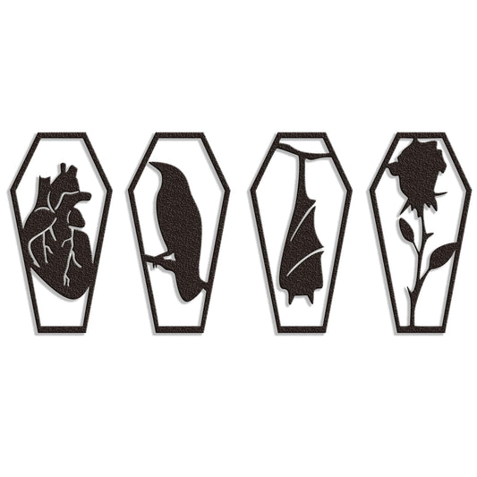 YATEASLU Gothic Wall Decor, Set of 4 Metal Heart Crow, Bat, Rose Sculptures for Gothic Coffin Decor, Bathroom, Kitchen, Office, Halloween Home Wall Decor