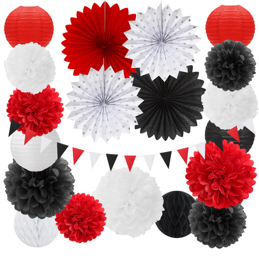 Red-Black White Party-Decorations Paper-Flowers Lanterns - 20PCS Halloween Tissue Pom Poms Streamers Fans Honeycomb, Vintage Baby Shower Birthday Bachelorette Hanging Supplies Decor Burgleda