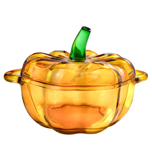QIANCHANG Glass Pumpkin Bowl with Lid, Food Storage Jar for Candy Cookies Biscuit, Thanksgiving Fall Decorative Bowl for Pumpkin Puree, Wet Food & Pet Treats