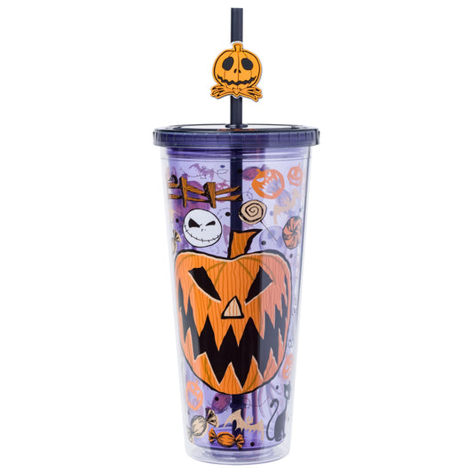 Silver Buffalo Disney Tim Burton's Nightmare Before Christmas Halloween Jack O-Lantern and Candy Featuring Jack Skellington Plastic Cold Cup with Lid and Straw Topper, 24 Ounces