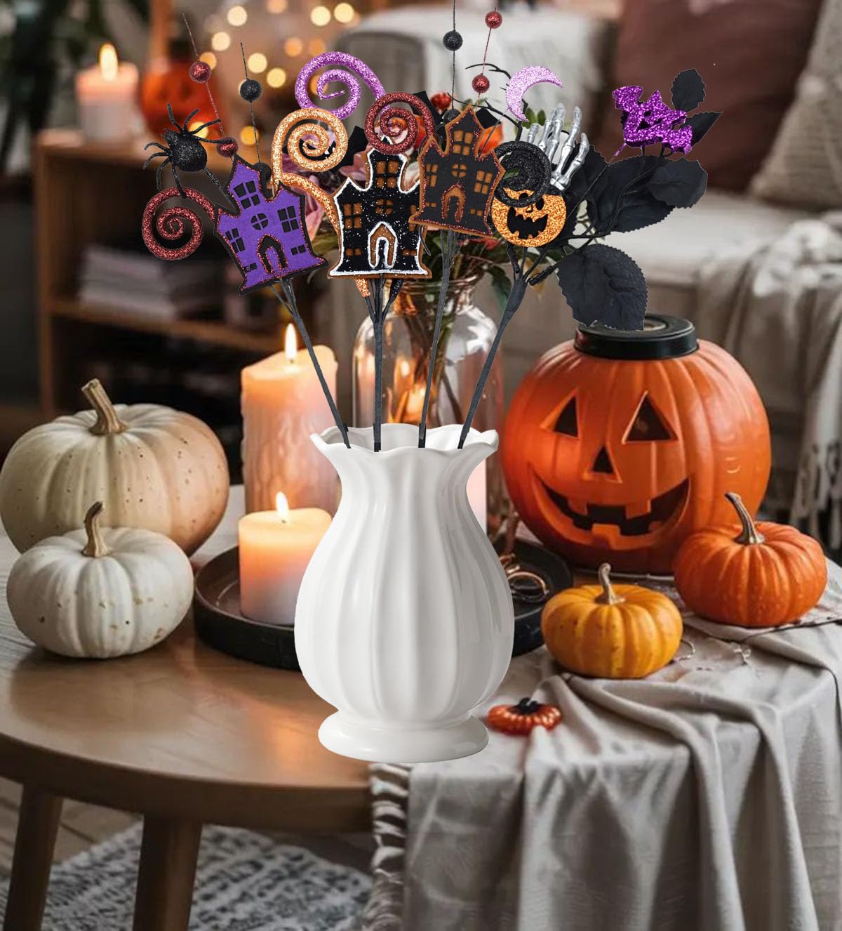 4 Pcs Artificial Halloween Floral Picks Purple Orange Black Berry Stems Halloween Tree Branches for Flower Arrangemant Table Centerpiece Halloween DIY Crafts Festival Home Decoration (Orange)