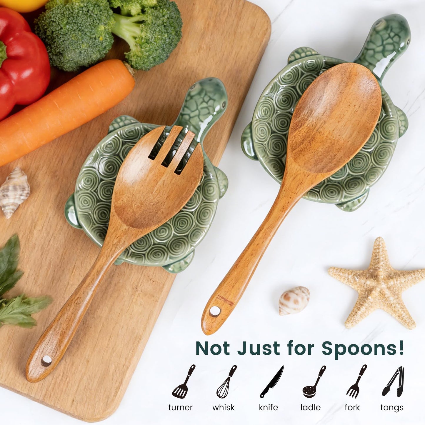 Ceramic Spoon Rest for Stove Top, 2 Pack Cute Turtle Spoon Holder for Kitchen Counter, Large Utensil Rest Spatula Holder for Cooking, Teal Kitchen Accessories, Gift for Ocean Lovers
