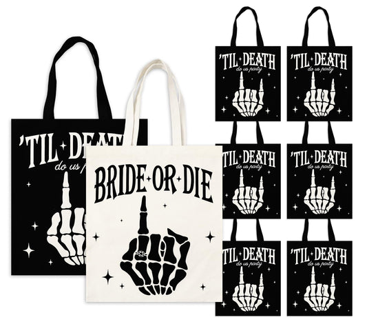 JarThenaAMCS 8Pcs Bride or Die Bachelorette Party Bag Reusable Bridesmaid Canvas Bags Black White Till Death Do Us Party Shoulder Tote Bags for Halloween Bridal Shower Wedding