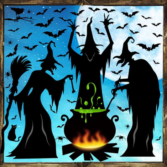 Halloween Window Clings Decorations, Witches with Cauldron Silhouette Black Cats Bats Spider Halloween Window Stickers Decals for Home Party Indoor Outdoor Glass Windows Door Decor