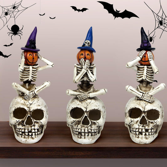 Mrlikale Halloween Skeleton Statue Set of 3, Witch Hat Pumpkin Skeleton Figurines with Skull Base Gothic Decoration for Tabletop, Home, Party