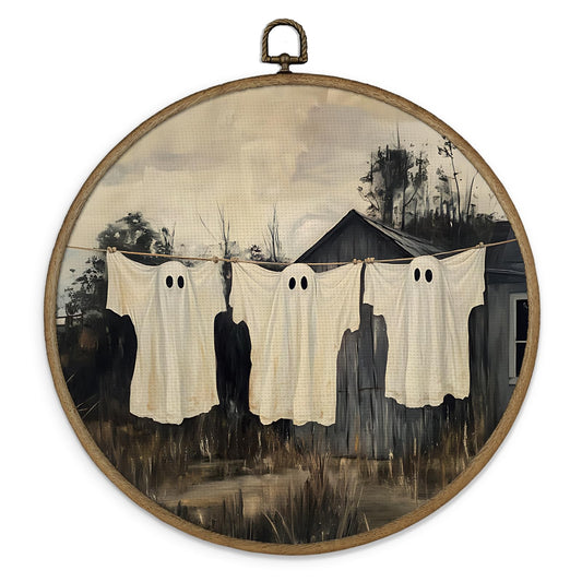 Gnmduw Halloween Ghost Wall Art Framed, Halloween Wall Art, Ghost Wall Decor, Moody Round Hanging Wall Decor, Academia Ghosts Canvas Prints Art for Cottage Core Living Room Bathroom, 10x10 Inch