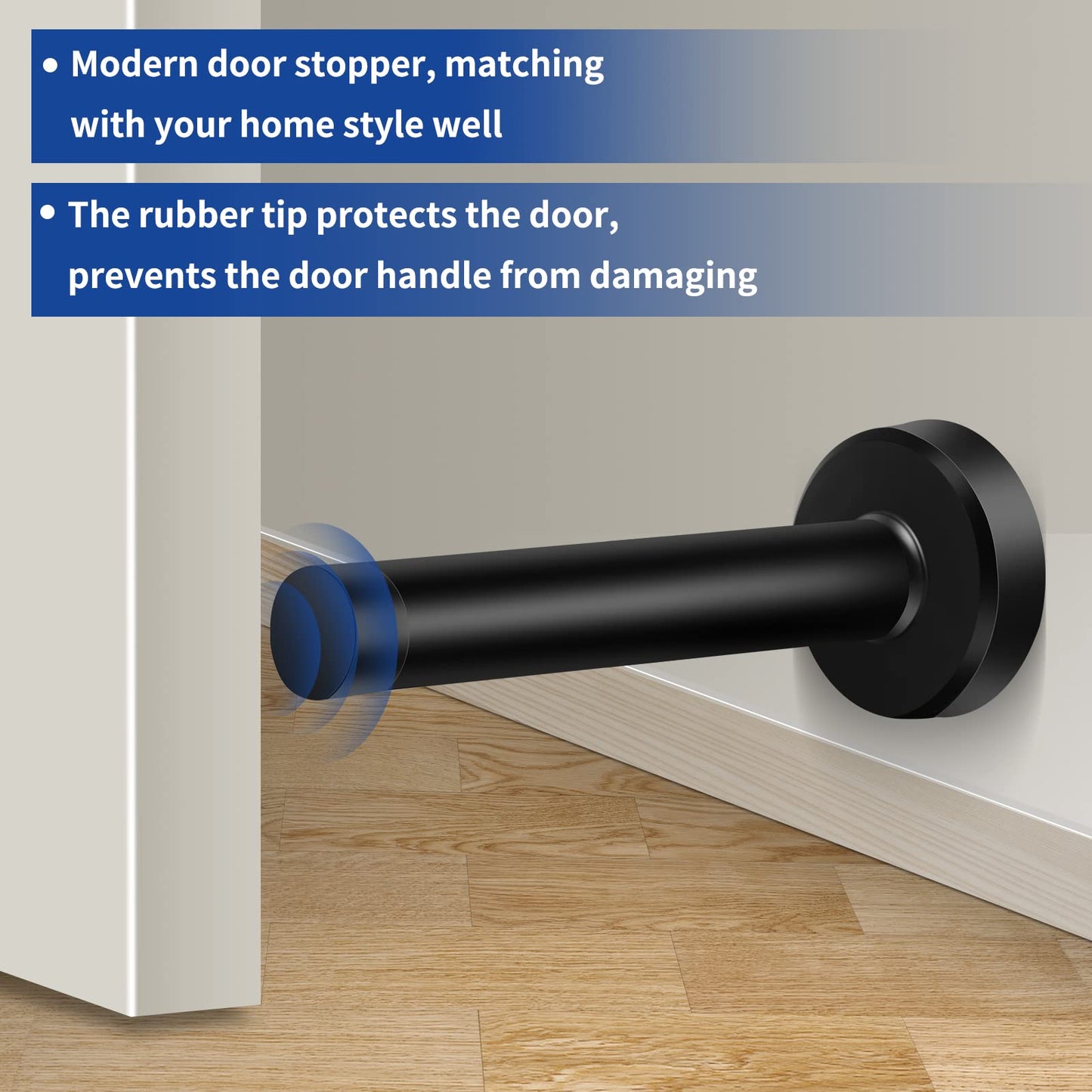 8 Inch Door Stop, Extra Long Door Stopper, Wall Mounted, Black Doorstops Extended Door Holder Protection, Stainless Steel Door Stops Bumper Rubber Tips Sound Dampening