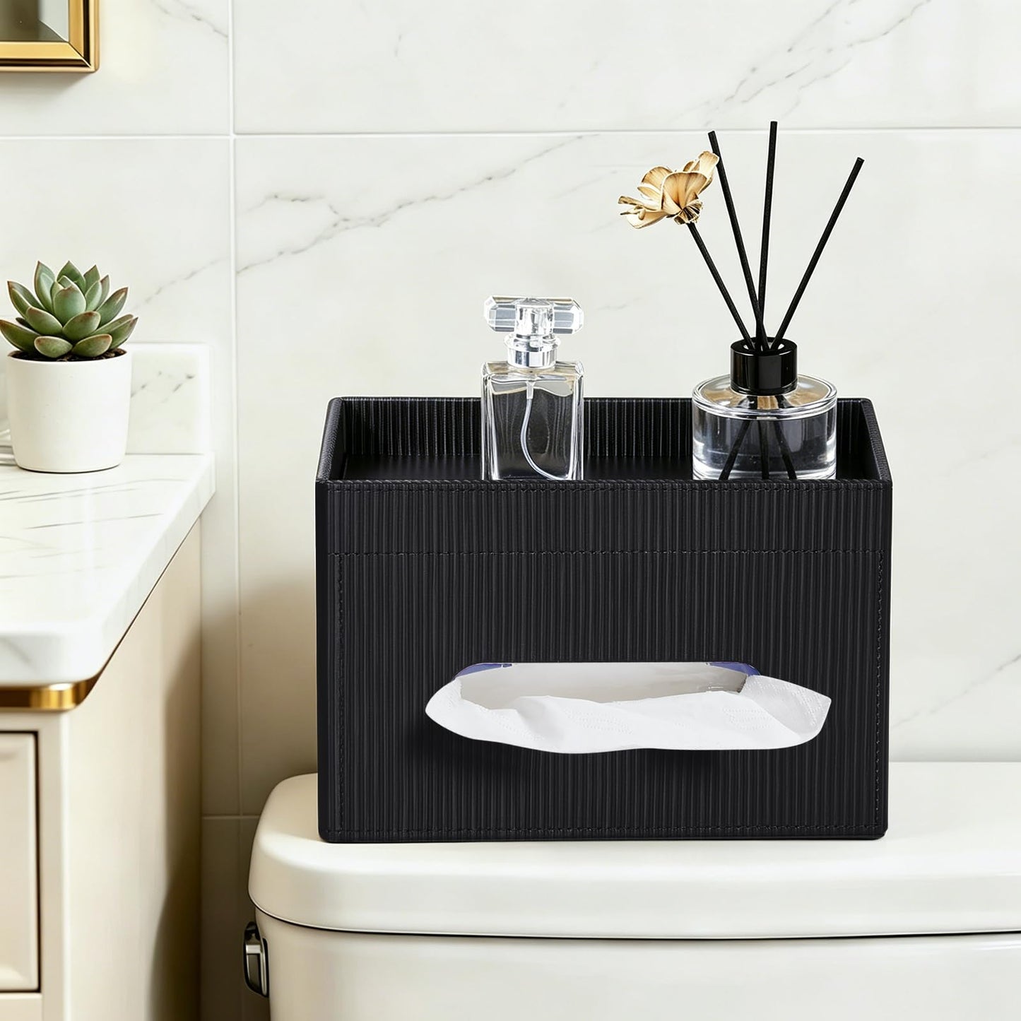 Cretkhp Tissue Box Cover Rectangle with Storage Tray, PU Leather Tissue Holder for Bathroom Vanity Countertop Night Stands Bedroom Office Desk, Stylish Rectangular Tissue Box Holder (Black)