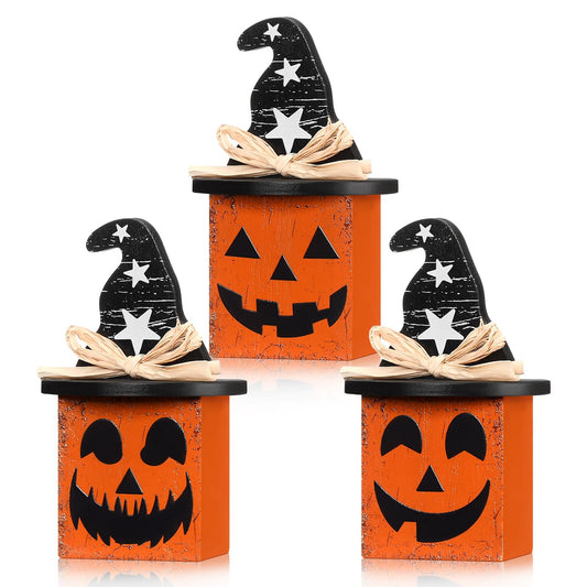 Amyhill 3 Pcs Halloween Ghost Table Decor Pumpkin Witch Hat Wooden Sign Small Halloween Tiered Tray Decor Black and Orange Spooky Pumpkin Face Tabletop Centerpieces for Home Mantel Shelf Office Desk