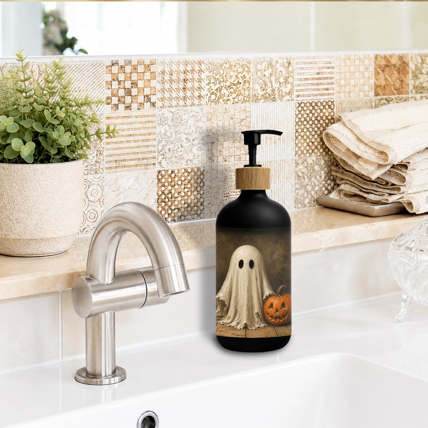 Stelloriellea Halloween Ghost Black Glass Soap Dispenser with Pump