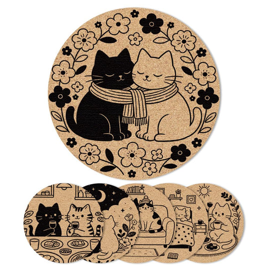 ANATTASOUL Coasters Set of 6 Funny Cats Absorbent Recycled Rubber Coasters for Drinks, 3.93" Non-Slip Round Cup Mats for Kitchen, Office, Farmhouse, Home Decor Housewarming Gifts