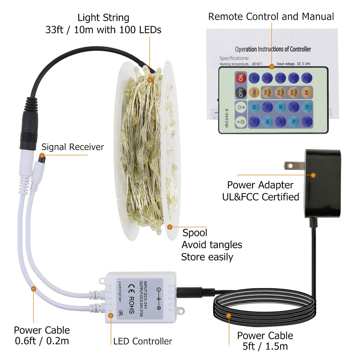 RUICHEN Dimmable Fairy String Lights Plug in 33 Ft 100 LED Silver Wire Firefly Lights with Remote, Red