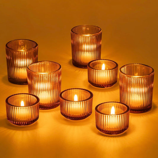 Hewory Glass Tealight Candle Holder: 8 Pcs Amber Votive Candle Holders Tea Lights Candle Holder, Ribbed Tea Light Holders Fall Decorations for Thanksgiving Table Centerpiece Wedding Party Home Decor
