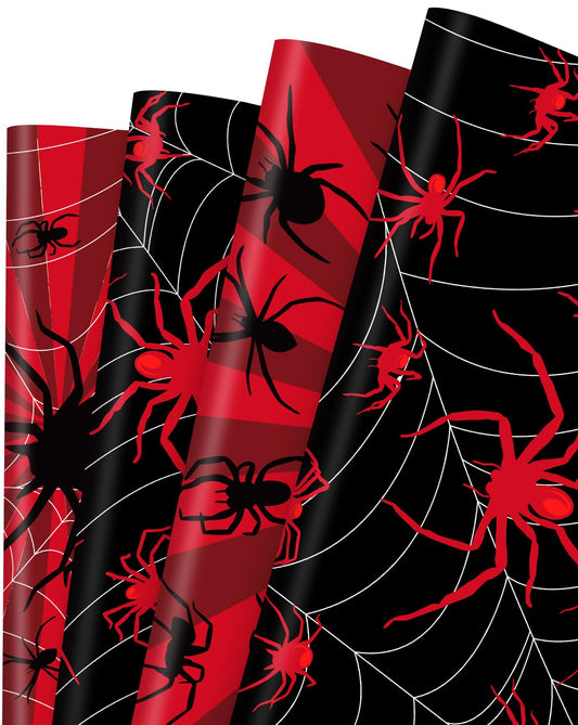 Pineraap 12 Sheets Black Spider Wrapping Paper, Gothic Red Spider Gift Wrap Paper, Nightmare Goth Decorative Craft Tissue Spider Party Decoration for Gothic Theme Birthday Party, 20"×28"