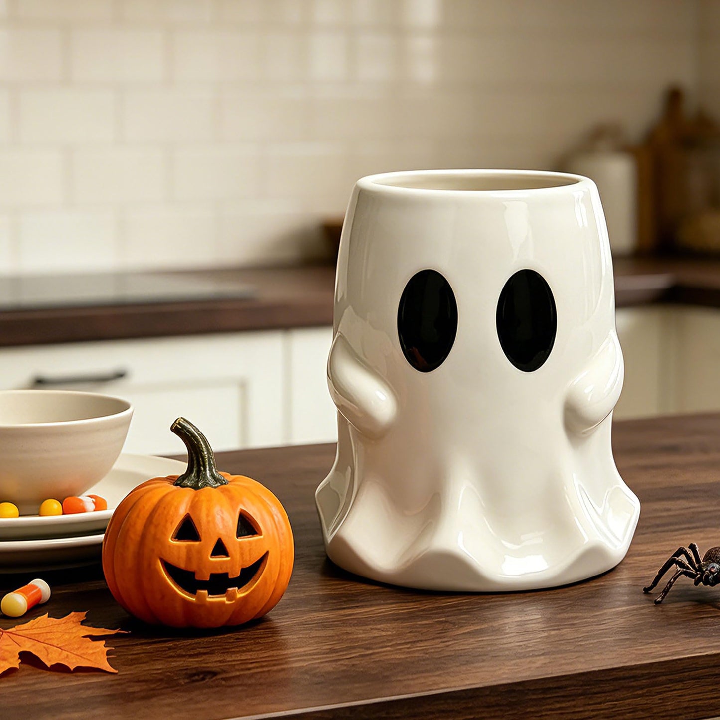 pinata Halloween Kitchen Decor Ceramic Ghost Utensil Holder, Cute Halloween Utensils Holder, Ceramic Utensils Crock for Rustic Farmhouse Indoor Kitchen Decorations(6.3 Inches)