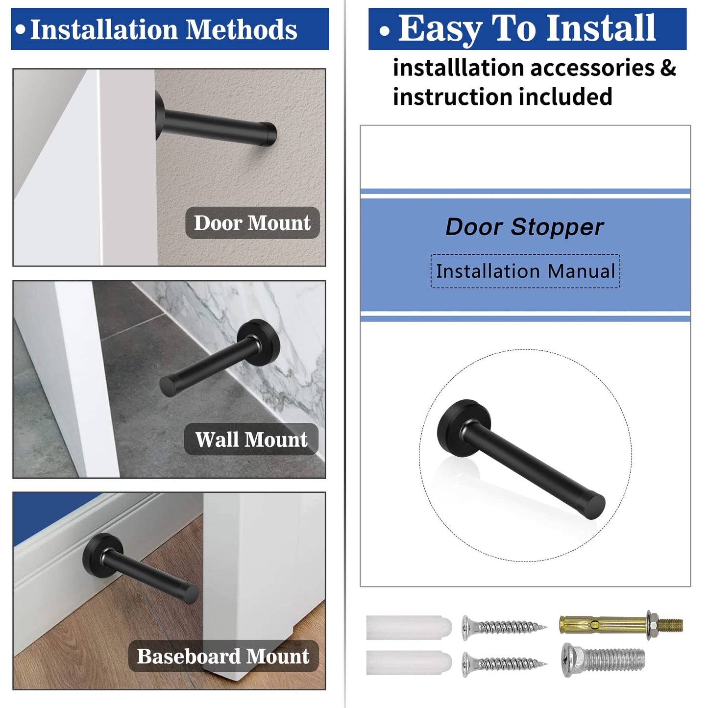 8 Inch Door Stop, Extra Long Door Stopper, Wall Mounted, Black Doorstops Extended Door Holder Protection, Stainless Steel Door Stops Bumper Rubber Tips Sound Dampening