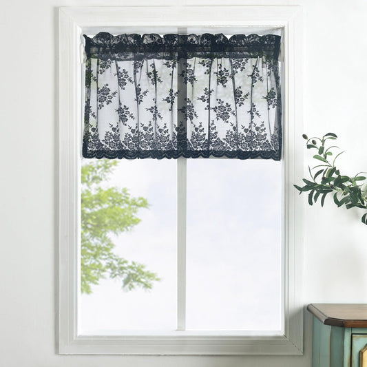 Kotile Black Lace Valance Curtain for Windows, Gothic Black Sheer Valance for Halloween, Light Filtering Rod Pocket Vintage Window Short Curtain, 52 x 18 Inch, 1 Panel