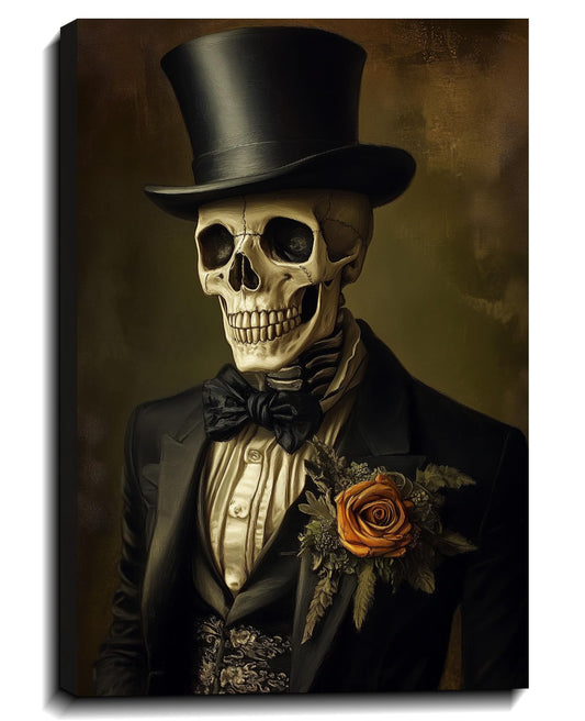 Skeleton Canvas Wall Art Halloween Wall Decor Funny Suit Skull Picture Vintage Gothic Painting Prints Dark Academia Artwork for Living Room Bedroom Home Decor Framed(Art-1,12.00x18.00 inch)