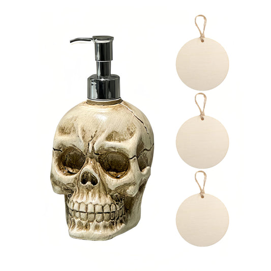 Fsocpen Skull Soap Dispenser with Rust Proof Pump and 3 Bank Wooden Labels，13 fl oz,Refillable Hand Soap Dispenser for Bathroom and Kitchen，Home Decoration，Gothic Enthusiast Decoration