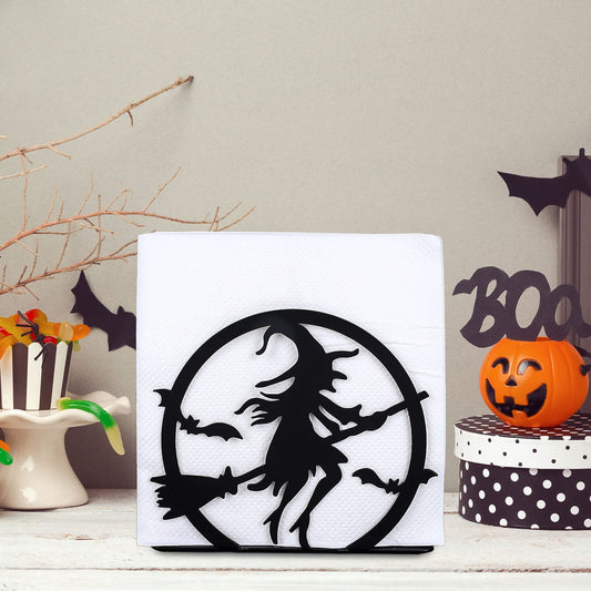 Whaline Halloween Napkin Holder Matte Black Metal Hocus Pocus Design Freestanding Tissue Dispenser Vertical Tabletop Napkin Holder for Square Paper Napkin Dinner Home Kitchen Restaurant Picnic Party
