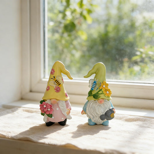 Sampu Craft Summer Decorations for Home Set of 2 Gnome Figurines, Floral Decor with Bee & Butterfly,Yellow Green Hat Resin Statues,4.53 Inch Tall,Deal Gift (Yellow and Green)