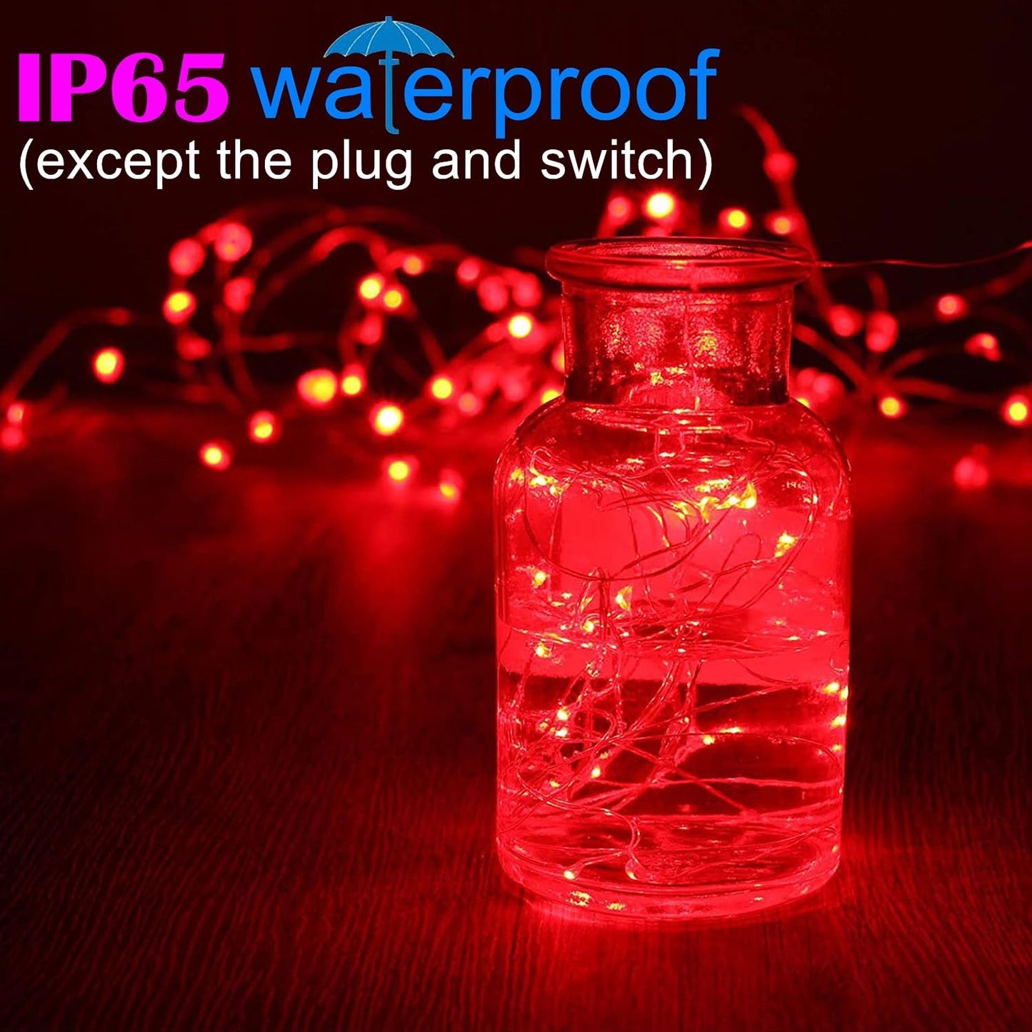 RUICHEN Plug in Fairy String Lights with Switch, Waterproof 66 Ft 200 LED Copper Wire Firefly Lights for Christmas, Parties, Wedding, Ceiling, Craft, Vases, Red