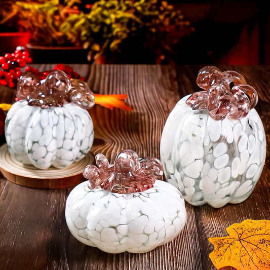 Geelin 3 Pcs Hand Blown Glass Pumpkin Figurine Autumn Crystal Glass Pumpkin Collectible Ornaments for Tabletop Thanksgiving Halloween Fall Harvest Decorations (White)