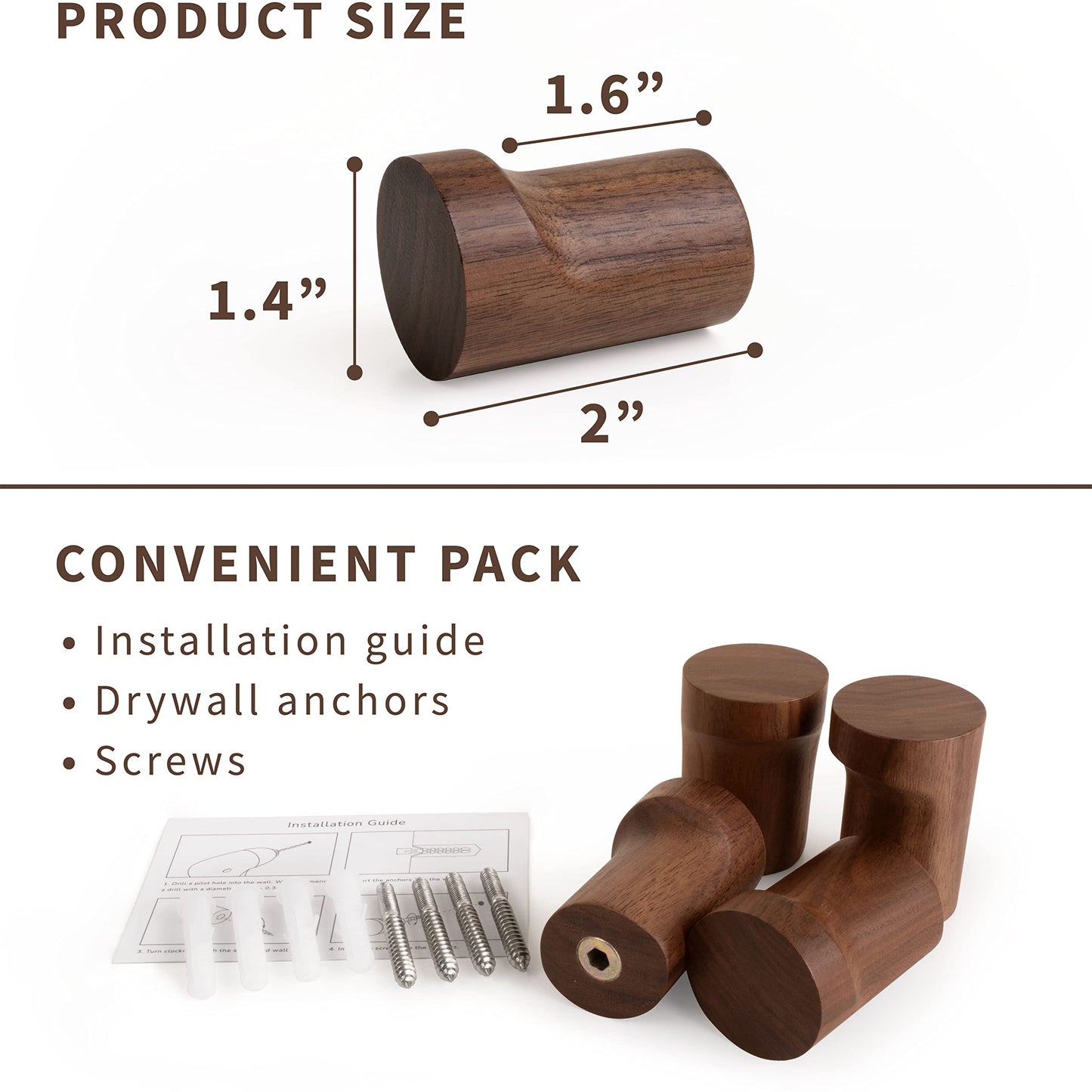 NAUMOO Natural Wooden Wall Mounted Hooks - Pack of 4 - Modern - Handmade Decorative Wood Pegs Minimalist for Hanging Hat, Coats (Black Walnut Wood)