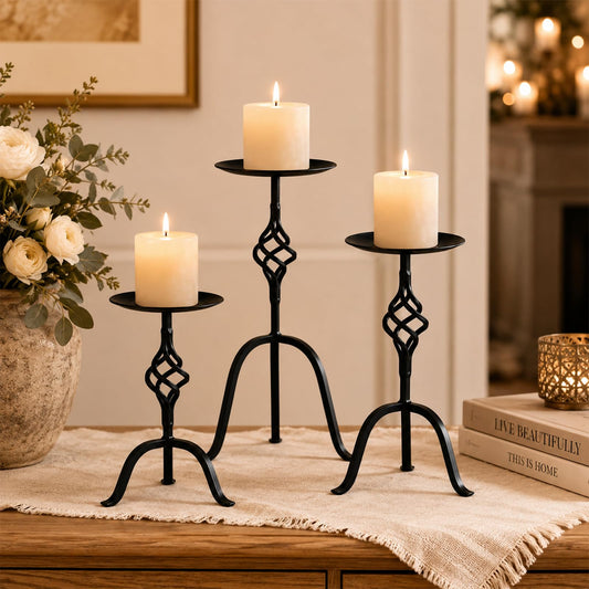 Ferrochef Set of 3 Black Iron Candlestick Holder for Wedding Metal Vintage Candle Holder 9.8, 8, 6.3 Inch Tall Decorative Wrought Iron Pillar Candle Sconce Dinning Party Anniversary Decor (Retro)