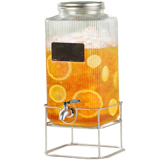 Lulonpon 6L(1.6 Gallon) Glass Drink Dispenser, Beverage Dispenser with Stainless Tap, Glass Water Juice Dispensers with Metal Stand, Water Jug with Tap Perfect for Parties,Weddings,Birthdays