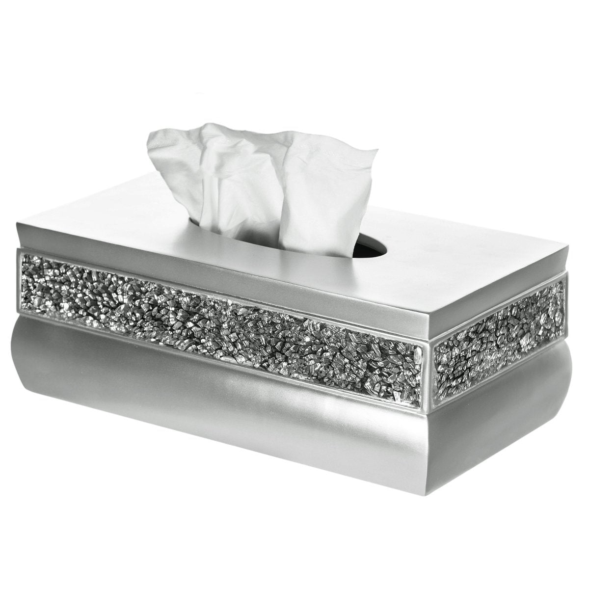 Crackled Glass Silver Tissue Box Cover Rectangular - Decorative Bling Tissue Box Holder With Beautiful Mosaic Glass - Elegant Tissue Holder For Bathroom With Durable Bottom Slider (Silver Collection)