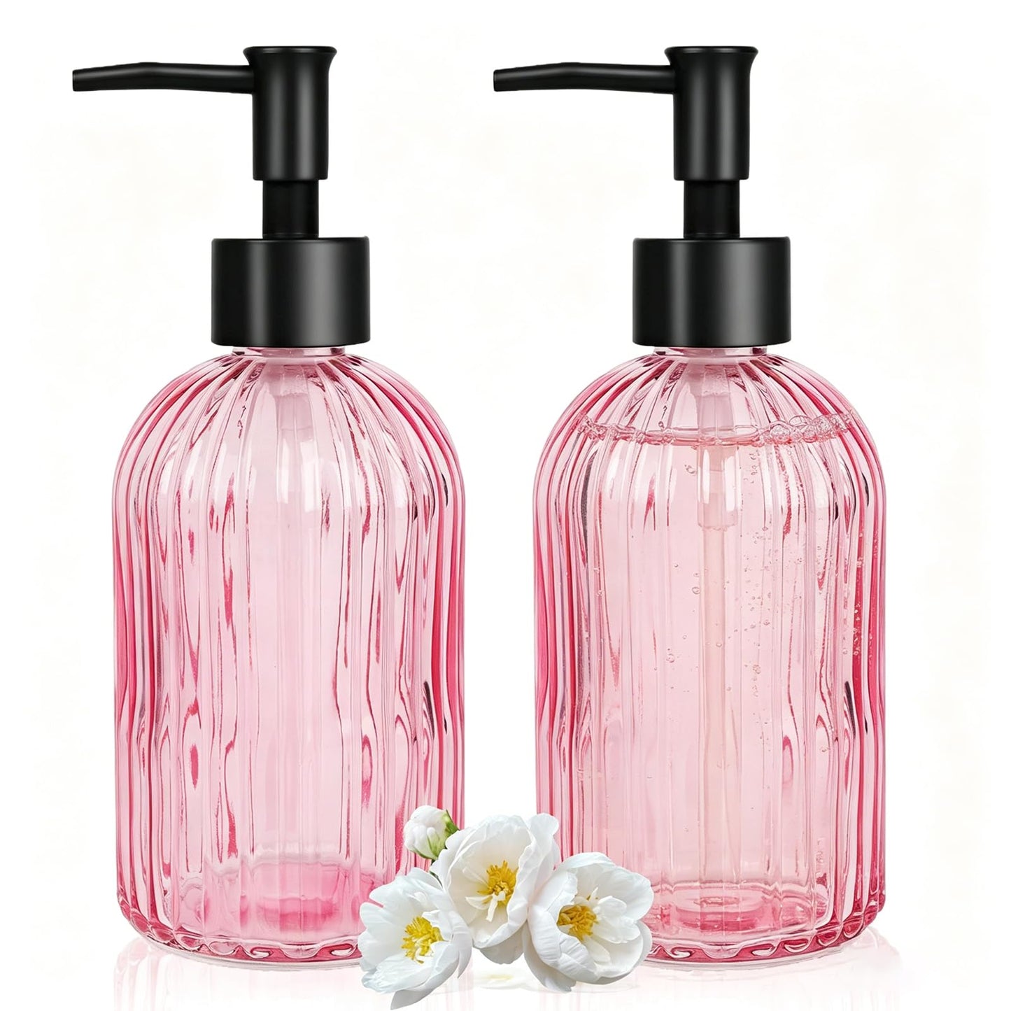 YTDTKJ Pink Glass Soap Dispenser Set with Black Plastic Pump, 400ml/13oz Refillable Liquid Hand Soap Dispenser, Kitchen Dish Soap dispensers for Lotion, Shower & Shampoo, Home, Hotel (2 Pack)