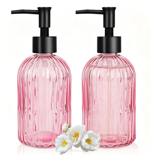 YTDTKJ Pink Glass Soap Dispenser Set with Black Plastic Pump, 400ml/13oz Refillable Liquid Hand Soap Dispenser, Kitchen Dish Soap dispensers for Lotion, Shower & Shampoo, Home, Hotel (2 Pack)