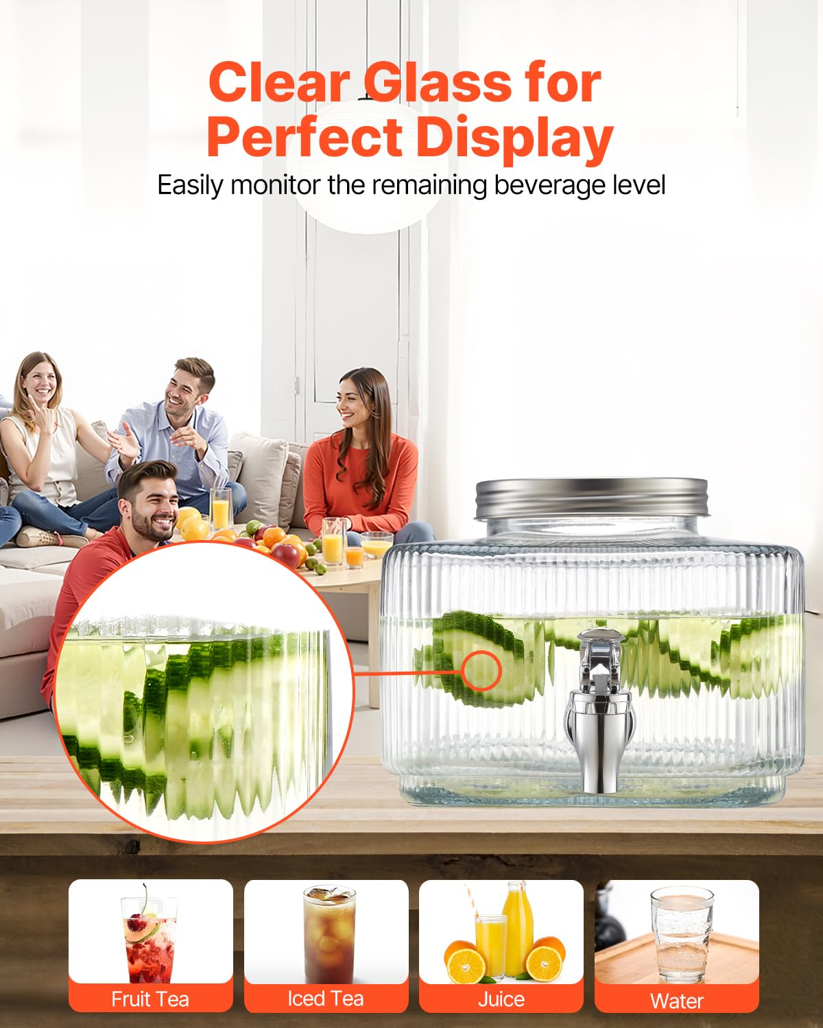 VEVOR Beverage Dispenser, 0.8 Gallon Drink Dispensers for Parties, Glass Juice Dispenser with No-Drip Spigot and Lid, Iced Tea Lemonade Juice Water Dispensers for Restaurants, Hotels, Parties