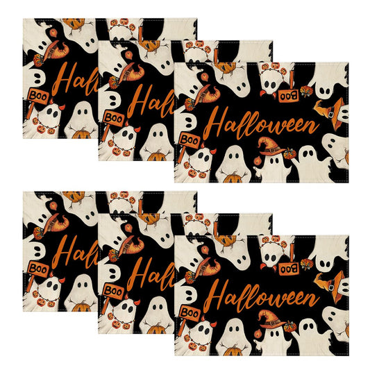 Artoid Mode Ghost Boo Halloween Placemats Set of 6, 12x18 Inch Seasonal Table Mats for Party Kitchen Dining Decoration